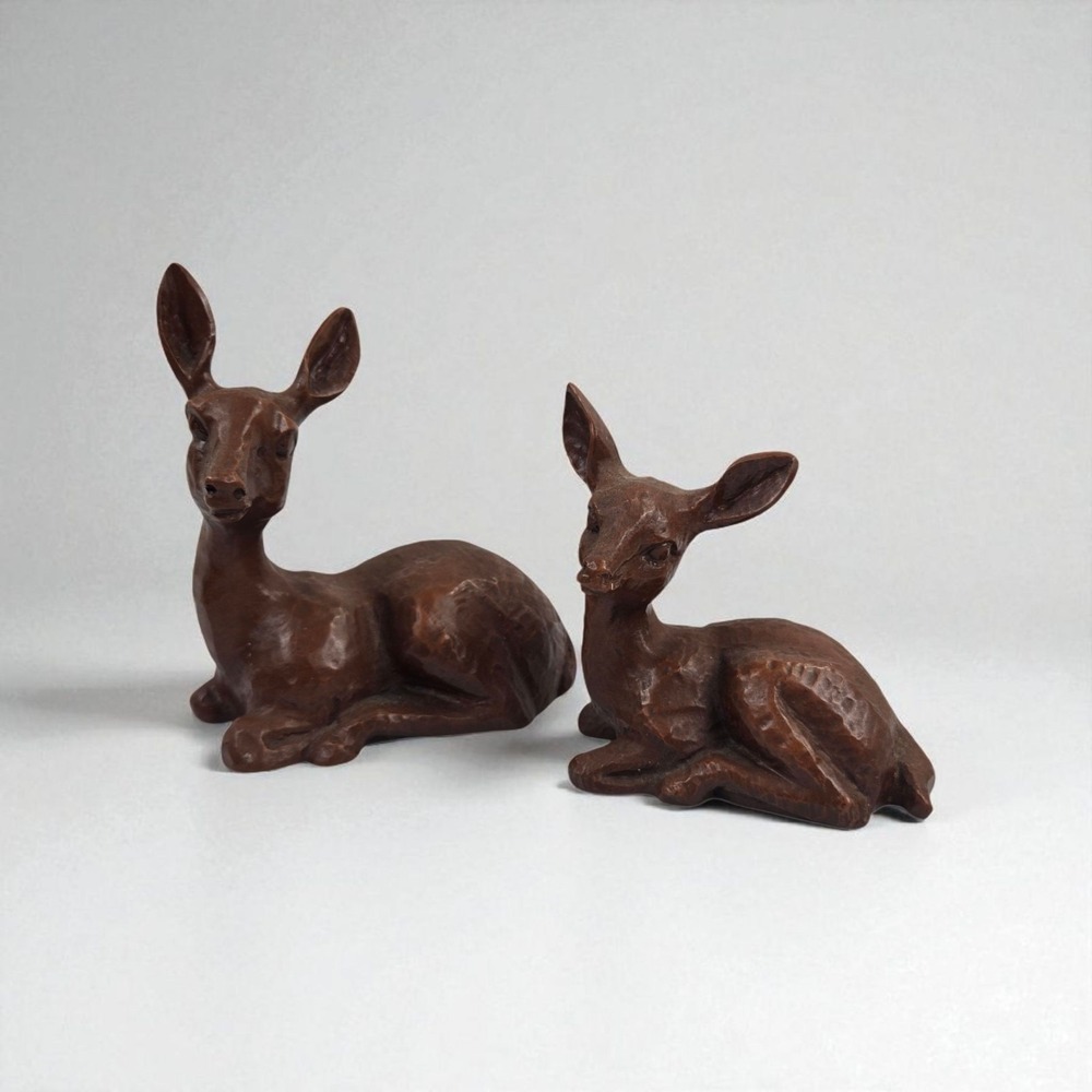 2 Vtg 1988 Deer & Fawn Figurines Handcrafted RED MILL MFG Pecan Shells Resin USA